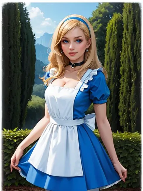 <lora:Aliceinwonderland_character:0.4>,disney,alicewonderlandwaifu,1girl,solo BREAK blonde hair,black hairband BREAK blue choker,sexy blue dress,short sleeves,puffy short sleeves,blue doll dress,deep plunging neckline,busty cleavage BREAK white bow,white pantyhose,white apron BREAK black mary jane shoes BREAK looking at viewer seductively,full body shot,(cowboy shot:1.5),flirty smile BREAK hedge maze background,castle background,wonderland forest background,rose bushes,vivid colors,(high quality, masterpiece, photorealistic:1.2),