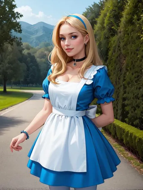 <lora:Aliceinwonderland_character:0.4>,disney,alicewonderlandwaifu,1girl,solo BREAK blonde hair,black hairband BREAK blue choker,sexy blue dress,short sleeves,puffy short sleeves,blue doll dress,deep plunging neckline,busty cleavage BREAK white bow,white pantyhose,white apron BREAK black mary jane shoes BREAK looking at viewer seductively,full body shot,(cowboy shot:1.5),flirty smile BREAK hedge maze background,castle background,wonderland forest background,rose bushes,vivid colors,(high quality, masterpiece, photorealistic:1.2),