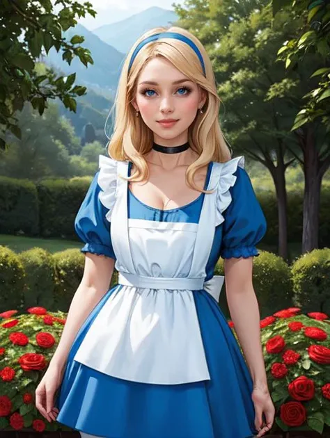 <lora:Aliceinwonderland_character:0.4>,disney,alicewonderlandwaifu,1girl,solo BREAK blonde hair,black hairband BREAK blue choker,sexy blue dress,short sleeves,puffy short sleeves,blue doll dress,deep plunging neckline,busty cleavage BREAK white bow,white pantyhose,white apron BREAK black mary jane shoes BREAK looking at viewer seductively,full body shot,(cowboy shot:1.5),flirty smile BREAK hedge maze background,castle background,wonderland forest background,rose bushes,vivid colors,(high quality, masterpiece, photorealistic:1.2),