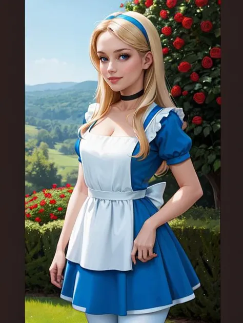 <lora:Aliceinwonderland_character:0.4>,disney,alicewonderlandwaifu,1girl,solo BREAK blonde hair,black hairband BREAK blue choker,sexy blue dress,short sleeves,puffy short sleeves,blue doll dress,deep plunging neckline,busty cleavage BREAK white bow,white pantyhose,white apron BREAK black mary jane shoes BREAK looking at viewer seductively,full body shot,(cowboy shot:1.5),flirty smile BREAK hedge maze background,castle background,wonderland forest background,rose bushes,vivid colors,(high quality, masterpiece, photorealistic:1.2),