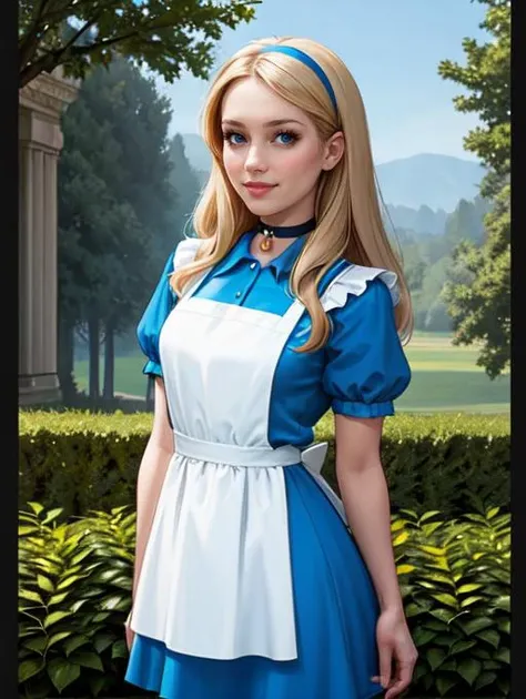 <lora:Aliceinwonderland_character:0.4>,disney,alicewonderlandwaifu,1girl,solo BREAK blonde hair,black hairband BREAK blue choker,sexy blue dress,short sleeves,puffy short sleeves,blue doll dress,deep plunging neckline,busty cleavage BREAK white bow,white pantyhose,white apron BREAK black mary jane shoes BREAK looking at viewer seductively,full body shot,(cowboy shot:1.5),flirty smile BREAK hedge maze background,castle background,wonderland forest background,rose bushes,vivid colors,(high quality, masterpiece, photorealistic:1.2),