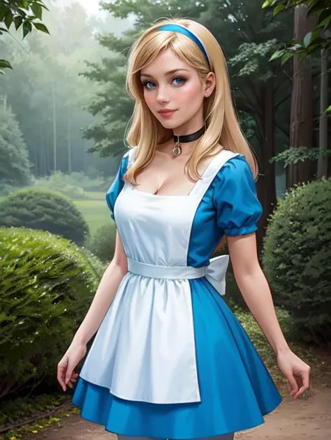 masterpiece, 1girl, solo, make her a sexy Alice in Wonderland with blonde hair, powder blue dress with white apron, white stockings, cleavage, dynamic, ultra high def, 32k, (perfect anatomy:1.5), perfect legs, in the style of Artgerm and Adam Hughes, medium breasts, perfect arms, downblouse