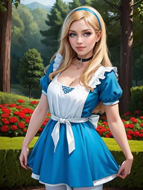 <lora:Aliceinwonderland_character:0.4>,disney,alicewonderlandwaifu,1girl,solo BREAK blonde hair,black hairband BREAK blue choker,sexy blue dress,short sleeves,puffy short sleeves,blue doll dress,deep plunging neckline,busty cleavage BREAK white bow,white pantyhose,white apron BREAK black mary jane shoes BREAK looking at viewer seductively,full body shot,(cowboy shot:1.5),flirty smile BREAK hedge maze background,castle background,wonderland forest background,rose bushes,vivid colors,(high quality, masterpiece, photorealistic:1.2),