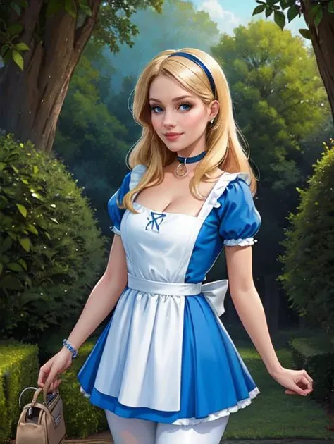 <lora:Aliceinwonderland_character:0.4>,disney,alicewonderlandwaifu,1girl,solo BREAK blonde hair,black hairband BREAK blue choker,sexy blue dress,short sleeves,puffy short sleeves,blue doll dress,deep plunging neckline,busty cleavage BREAK white bow,white pantyhose,white apron BREAK black mary jane shoes BREAK looking at viewer seductively,full body shot,(cowboy shot:1.5),flirty smile BREAK hedge maze background,castle background,wonderland forest background,rose bushes,vivid colors,(high quality, masterpiece, photorealistic:1.2),