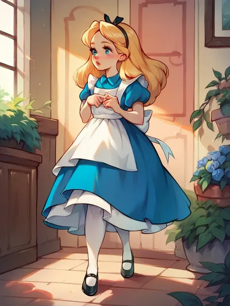 <lora:AliceInWonderlandXLPony_character-10V2:1>, alicewaifu, dress, solo, apron, hairband, blue dress, pantyhose, puffy sleeves, ribbon, mary janes, white pantyhose, puffy short sleeves, black footwear, score_9, score_8_up, score_7_up, score_6_up, score_5_up