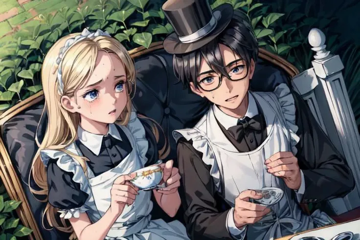 (masterpiece), (best quality), ultra high res, highly detailed, illustration, (2boy and girl), (full body:1.2),
((1boy (wearing glasses, (1boy black hair), (1boy short hair:1.2), (1boy black eyes), (1boy wearing a Luxurious butler uniform), (1boy wearing (black top hat:1.1)), (1boy sitting on white chair)):1.2)),
((1girl with ((blond hair), (long hair), (blue eyes), ([scary|despair]:1.2), tears, sweat, trembling, heavy breathing, steaming body, absurdres, frilly dress, blue dress with white apron, black headpiece with bow, blue eyes, light blue Victorian-style dress, short puffed sleeves and a white pinafore apron layered over the skirt, skirt flare, black ribbon tied into a bow)), (1girl sitting on white chair)), 
(sitting on white chair at (a tea party in garden)), (Luxurious white long table and white chairs in white and gold), (Luxurious tea party), (Colorful sweets on an elegant tea party table), (in garden), (outdoor), detailed background, sunlight, 
(8k, best quality, masterpiece:1.2), masterpiece, hyper detailed, best quality, ultra high res, high resolution, (intricate details), add detail, AliceWonderlandWaifu <lora:Aliceinwonderland_character-20:0.4>, <lora:add_detail:0.6>