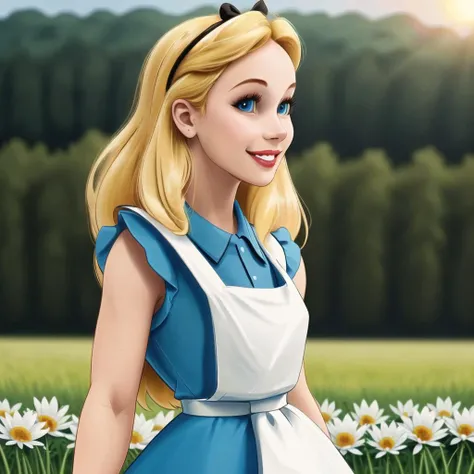 (AliceWonderlandWaifu:1), masterpiece, cute, smile,(blue dress:1.2), white apron, castle background, grassy fields, flowers, medium closeup, walking, realistic, detailed, collar, cinematic lighting, blonde hair,<lora:aliceInWonderlandBy_v10:0.7>
