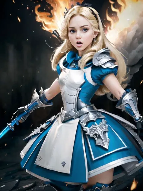 (masterpiece:1.2), (best quality), (Battle_Stance:1.2), Blue Armor, (AliceWonderlandWaifu:1), cute, scowl, gritting teeth, open mouth, Wearing War_Glam (Armor_dress:1.2), dress, wielding, blue bastard sword, fighting pose, angry look, single cut on temple, light bleed, Metal thighhighs, (full-body-shot:1), 85mm, flame particles in background, Foreground, (highly detailed:1), sfw, (detailed village on fire background),(dynamic angle:1.2), (dynamic fight pose:1.2), (Line of action:1.2), wide shot, <lora:aliceInWonderlandBy_v10:0.7>, <lora:warriorPrincesses_v10:0.8>