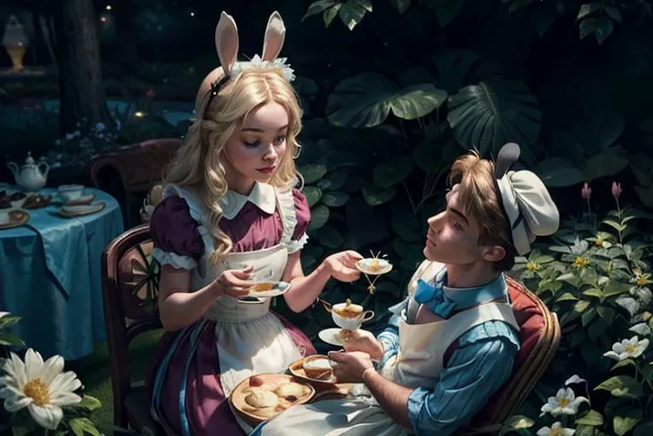 1girl and (1boy, Hatmaker man wearing a suit sitting on the chair:1.2) and (A human-sized rabbit wearing a red suit sitting on the chair:1.2), (full body:1.2), (blond hair), (long hair), (blue eyes), ([scary|despair]:1.2), absurdres, frilly dress, blue dress with white apron, black headpiece with bow, blue eyes, light blue Victorian-style dress,short puffed sleeves and a white pinafore apron layered over the skirt, skirt flare, black ribbon tied into a bow, 
((sitting on the chair at (a tea party in garden) with (A human-sized rabbit wearing a red suit sitting on the chair:1.2) and (Hatmaker man wearing a suit sitting on the chair:1.2)):1.2), (Luxurious tea party), (Colorful sweets on an elegant tea party table), (Elegant tea party table and chairs in white and gold), (in garden), (outdoor), 
soft, lightweight fabric, (8k, RAW photo, best quality, masterpiece:1.2), photon mapping, radiosity, 35 mm focal length ,particles, accent lighting, ambient oclusion, film grain, depth of field, ravishing, ,beautiful lighting , high detailed, 8k, vivid contrasting colors, chromatic aberration, ,vibrant digital illustration, , behance hd, best quality, (realistic:1.2), (high contrast:1.2), shallow depth of field, bloom, Volumetric Lighting, accent lighting, extremely detailed CG 8k illustrations, masterpiece, hyper detailed, best quality, ultra high res, high resolution, (intricate details), AliceWonderlandWaifu <lora:Aliceinwonderland_character-20:0.4>, <lora:add_detail:0.4>, <lora:LowRA:0.3>
