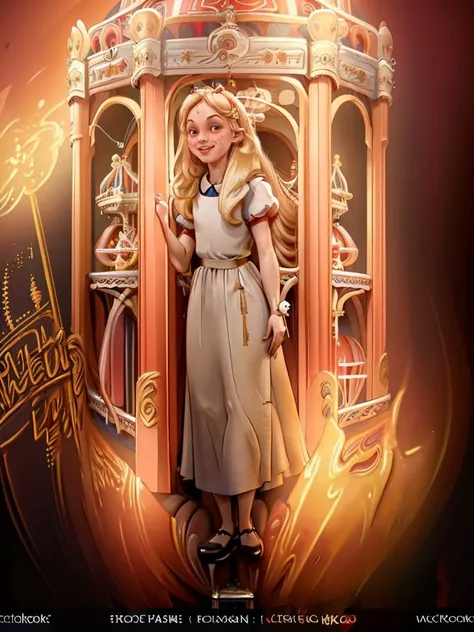 a real cute and happy european girl, hold fire, wearing long terracotta cloak and long dress with gold details stand at the right corner of the ballerina game in the luna park, volumetric, (background the amusement park:1.80), wide field, depth of field, ultra detailed, hyperrealistic, unreal engine 6, photorealistic, 16k <lora:Aliceinwonderland_character:1>