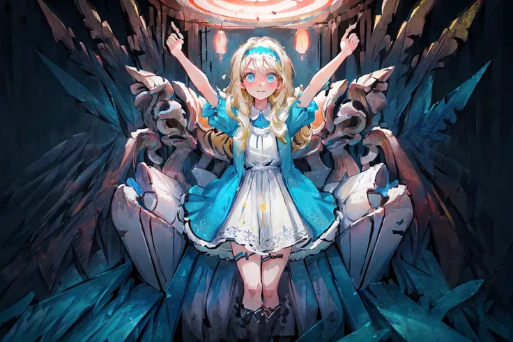 (AliceWonderlandWaifu:1), (blue dress:1.5), white lace details on dress, blonde hair, black headband, (dress:1.2), (knee length dress:1.5), (realistic:1.2), (masterpiece:1.2), (full-body-shot:1),(Cowboy-shot:1.2), light particles, dark neon lighting, (highly detailed:1.2),(detailed face:1.2), (gradients), colorful, detailed eyes, (detailed landscape, castle, huge mushroom forest, neon plants:1.2), (neon lighting, dark, night time:1.2),(detailed background),detailed landscape, (cute pose:1.2), wide shot, solo, <lora:Aliceinwonderland_character-20:0.7> <lora:add_detail:0.3> <lora:hipoly3DModelLora_v10:0.05> <lora:RSERomantic_RSESofiko_RSEEmma-v1:0.1>