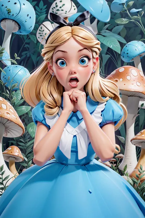 cute adorable girl, (3d pixar style:1.2), age 19, (AliceWonderlandWaifu, alice in wonderland:1.1), (sexy female:1.2), large breasts, perfect teeth, perfect face, (perfect hands:1.2), (scared afraid facial expression:1.3) (in a mushroom forest:1.1), (best quality, masterpiece, 4k, sharp focus, 8k, high definition:1.2) <lora:Lit:0.6> <lora:Aliceinwonderland_character:0.7>