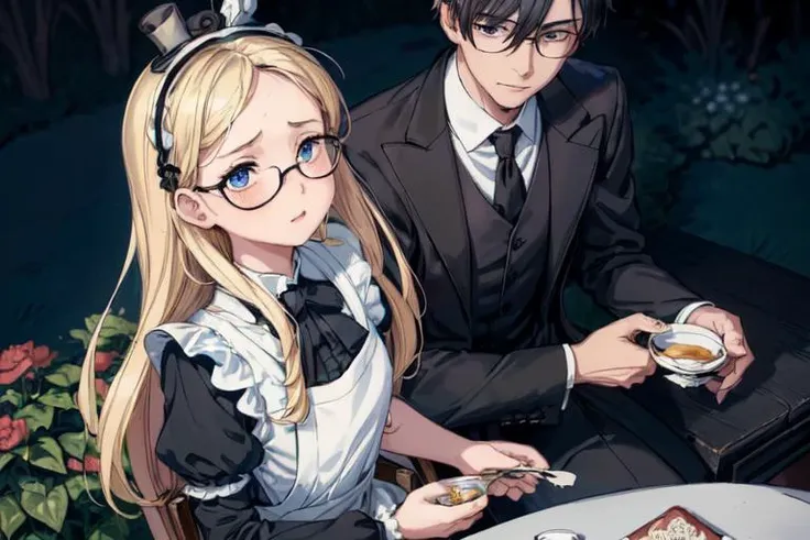 (masterpiece), (best quality), ultra high res, highly detailed, illustration, (2boy and girl), (full body:1.2),
((1boy (wearing glasses, (1boy black hair), (1boy short hair:1.2), (1boy black eyes), (1boy wearing a Luxurious butler uniform), (1boy wearing (black top hat:1.1)), (1boy sitting on black chair)):1.2)),
((1girl with ((blond hair), (long hair), (blue eyes), ([scary|despair]:1.2), tears, sweat, trembling, heavy breathing, steaming body, absurdres, frilly dress, blue dress with white apron, black headpiece with bow, blue eyes, light blue Victorian-style dress, short puffed sleeves and a white pinafore apron layered over the skirt, skirt flare, black ribbon tied into a bow)), (1girl sitting on white chair)), 
(sitting on Luxurious chair at (a tea party in garden)), (Luxurious white long table and white chairs in white and gold), (Luxurious tea party), (Colorful sweets on an elegant tea party table), (in garden), (outdoor), detailed background, sunlight, 
(8k, best quality, masterpiece:1.2), masterpiece, hyper detailed, best quality, ultra high res, high resolution, (intricate details), add detail, AliceWonderlandWaifu <lora:Aliceinwonderland_character-20:0.4>, <lora:add_detail:0.6>,
(detailed (hair, face, cloth):1.2)