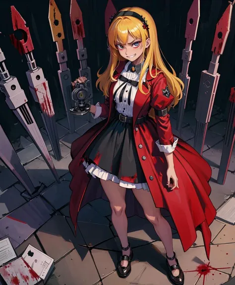 (masterpiece, best quality,:1.2), 1girl, (dark atmosphere:0.5), (AliceWonderlandWaifu:1.0), from above, dress, standing, (full body:1.0), (evil grin:1.2), (angry:1.1), legs apart, blood stains, machine gun in hand, bazooka in back, bullets belts, dead body by her feet, palace, <lora:aliceInWonderlandBy_v10:0.3>