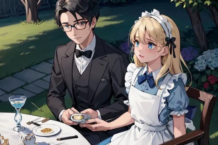 (masterpiece), (best quality), ultra high res, highly detailed, illustration, (2boy and girl), (full body:1.2),
((1boy (wearing glasses, (1boy black hair), (1boy short hair:1.2), (1boy black eyes), (1boy wearing a Luxurious butler uniform), (1boy wearing black Hat), (1boy sitting on white chair)):1.2)),
((1girl with ((blond hair), (long hair), (blue eyes), ([scary|despair]:1.2), tears, sweat, trembling, heavy breathing, steaming body, absurdres, frilly dress, blue dress with white apron, black headpiece with bow, blue eyes, light blue Victorian-style dress, short puffed sleeves and a white pinafore apron layered over the skirt, skirt flare, black ribbon tied into a bow)), (1girl sitting on white chair)), 
(sitting on white chair at (a tea party in garden)), (Luxurious white long table and white chairs in white and gold), (Luxurious tea party), (Colorful sweets on an elegant tea party table), (in garden), (outdoor), detailed background, sunlight, 
(8k, best quality, masterpiece:1.2), masterpiece, hyper detailed, best quality, ultra high res, high resolution, (intricate details), add detail, AliceWonderlandWaifu <lora:Aliceinwonderland_character-20:0.4>