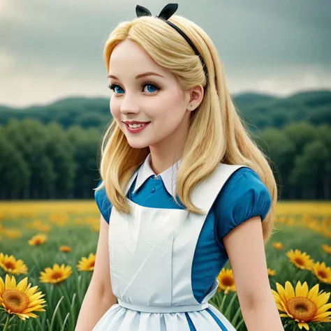 (AliceWonderlandWaifu:1), masterpiece, cute, smile,(blue dress:1.2), white apron, castle background, grassy fields, flowers, medium closeup, walking, realistic, detailed, collar, cinematic lighting, blonde hair,<lora:aliceInWonderlandBy_v10:0.7>