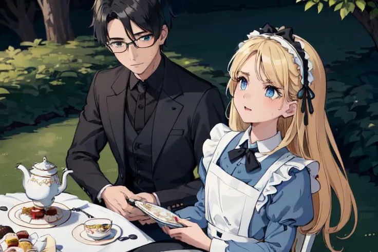 (masterpiece), (best quality), ultra high res, highly detailed, illustration, (2boy and girl), (full body:1.2),
((1boy (wearing glasses, (1boy black hair), (1boy short hair:1.2), (1boy black eyes), (1boy wearing a Luxurious black suit), (1boy wearing black Hat), (1boy sitting on white chair)):1.2)),
((1girl with ((blond hair), (long hair), (blue eyes), ([scary|despair]:1.2), tears, sweat, trembling, heavy breathing, steaming body, absurdres, frilly dress, blue dress with white apron, black headpiece with bow, blue eyes, light blue Victorian-style dress, short puffed sleeves and a white pinafore apron layered over the skirt, skirt flare, black ribbon tied into a bow)), (1girl sitting on white chair)), 
(sitting on white chair at (a tea party in garden)), (Luxurious white long table and white chairs in white and gold), (Luxurious tea party), (Colorful sweets on an elegant tea party table), (in garden), (outdoor), detailed background, sunlight, 
(8k, best quality, masterpiece:1.2), masterpiece, hyper detailed, best quality, ultra high res, high resolution, (intricate details), add detail, AliceWonderlandWaifu <lora:Aliceinwonderland_character-20:0.4>
