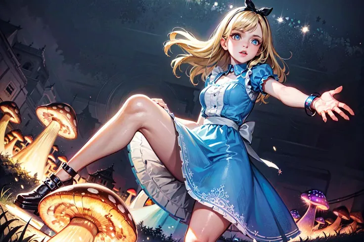 a beautiful 20 year old blonde woman with big messy hair in a blue dress, white stockings, black headband, cleavage, holding a glowing mushroom, fantasy art style, rossdraws cartoon vibrant, alice in wonderland cyberpunk, cute detailed digital art, colorfull digital fantasy art, digital fantasy art ), glossy digital painting, rossdraws pastel vibrant, rossdraws 2. 5, rossdraws 1. 0