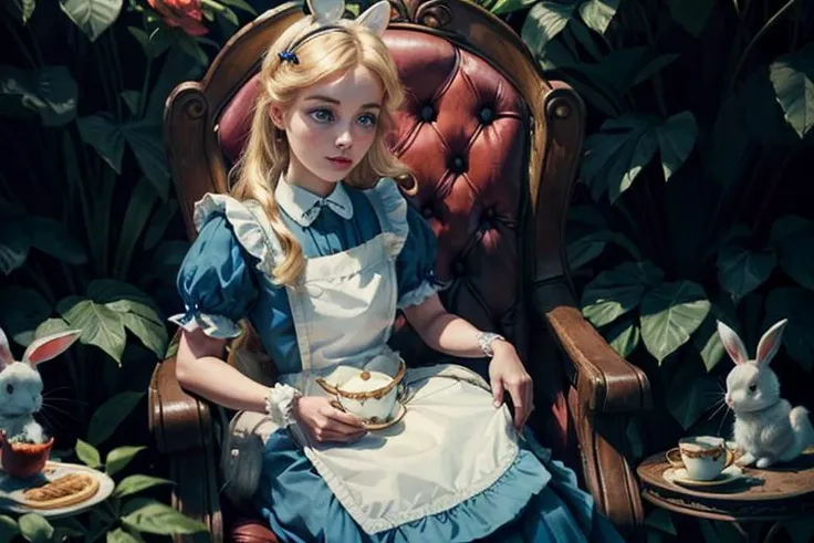 1girl and (1boy, Hatmaker man wearing a suit sitting on the chair:1.2) and (A human-sized rabbit wearing a red suit sitting on the chair:1.2), (full body:1.2), (blond hair), (long hair), (blue eyes), ([scary|despair]:1.2), absurdres, frilly dress, blue dress with white apron, black headpiece with bow, blue eyes, light blue Victorian-style dress,short puffed sleeves and a white pinafore apron layered over the skirt, skirt flare, black ribbon tied into a bow, 
((sitting on the chair at (a tea party in garden) with (A human-sized rabbit wearing a red suit sitting on the chair:1.2) and (Hatmaker man wearing a suit sitting on the chair:1.2)):1.2), (Luxurious tea party), (Colorful sweets on an elegant tea party table), (Elegant tea party table and chairs in white and gold), (in garden), (outdoor), 
soft, lightweight fabric, (8k, RAW photo, best quality, masterpiece:1.2), photon mapping, radiosity, 35 mm focal length ,particles, accent lighting, ambient oclusion, film grain, depth of field, ravishing, ,beautiful lighting , high detailed, 8k, vivid contrasting colors, chromatic aberration, ,vibrant digital illustration, , behance hd, best quality, (realistic:1.2), (high contrast:1.2), shallow depth of field, bloom, Volumetric Lighting, accent lighting, extremely detailed CG 8k illustrations, masterpiece, hyper detailed, best quality, ultra high res, high resolution, (intricate details), AliceWonderlandWaifu <lora:Aliceinwonderland_character-20:0.4>, <lora:add_detail:0.4>, <lora:LowRA:0.3>