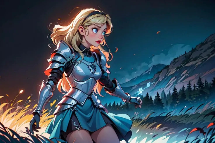 (AliceWonderlandWaifu:1), (blonde hair with black headband), (blue dress:0.75), (blue dress with armor), chest plate armor, sword, (shoulder armor), holding a shield, armored dress, (knee length dress), (dress), ((blue eyes)), cartoony facial features, large round eyes, blonde hair, (dress:1.2), (realistic:1.2), (masterpiece:1.2), (full-body-shot:1),(Cowboy-shot:1.2), light particles, magical forest background, dark evil forest, black fog, neon lighting, night time, midnight, dark romantic lighting, (highly detailed:1.2),(detailed face:1.2), (gradients), colorful, detailed eyes, (detailed landscape:1.2), (natural lighting:1.2),(detailed background),detailed landscape, (dynamic pose:1.2), wide shot, solo, <lora:Aliceinwonderland_character-20:0.4> <lora:add_detail:0.3> <lora:hipoly3DModelLora_v10:0.05> <lora:RSERomantic_RSESofiko_RSEEmma-v1:0.1>