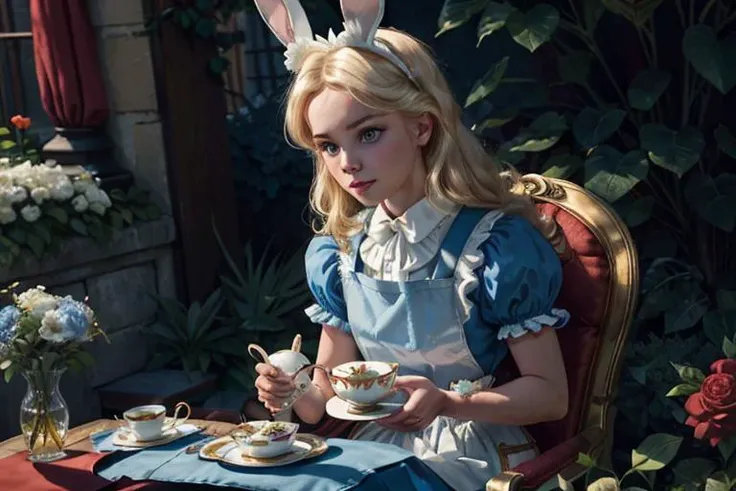high quality, masterpiece, clean lines,
alice_\(alice_in_wonderland\) getting stoned at a cannabis tea party, blonde_hair, blue_eyes, blush, bow, closed_eyes, cup, hairband, long_hair, open_mouth, rabbit_ears, ribbon, smile, white_rabbit_\(alice_in_wonderland\), cannabis, marijuana haze, bong, hookah, weed, stoners,
Cartoon by Lauren Faust, by Genndy Tartakovsky, by Skottie Young
