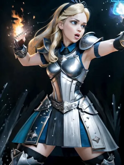 (masterpiece:1.2), (best quality), (Battle_Stance:1.2), Blue Armor, (AliceWonderlandWaifu:1), cute, scowl, gritting teeth, open mouth, Wearing War_Glam (Armor_dress:1.2), dress, fighting pose, angry look, single cut on temple, light bleed, Metal thighhighs, (full-body-shot:1), 85mm, flame sparks, Foreground, (highly detailed:1), sfw, (detailed village on fire background),(dynamic angle:1.2), (dynamic fight pose:1.2), (Line of action:1.2), wide shot, <lora:aliceInWonderlandBy_v10:0.7>, <lora:warriorPrincesses_v10:0.8>