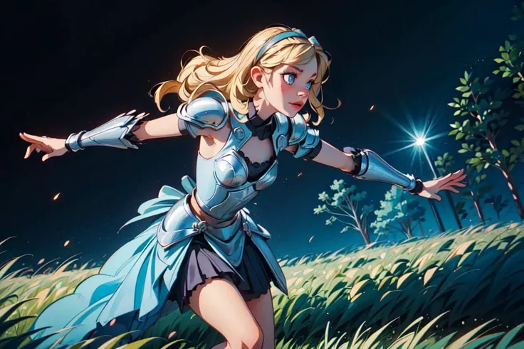 (AliceWonderlandWaifu:1), (blonde hair with black headband), (blue dress:0.75), (blue dress with armor), chest plate armor, sword, (shoulder armor), (holding a sword:0.7), armored dress, (knee length dress), (dress), ((blue eyes)), cartoony facial features, large round eyes, blonde hair, (dress:1.2), (realistic:1.2), (masterpiece:1.2), (full-body-shot:1),(Cowboy-shot:1.2), light particles, magical forest background, (dark evil forest, black fog:1) neon lighting, night time, midnight, dark romantic lighting, (highly detailed:1.2),(detailed face:1.2), (gradients), colorful, detailed eyes, (detailed landscape:1.2), (natural lighting:1.2),(detailed background),detailed landscape, (dynamic pose:1.2), wide shot, solo, <lora:Aliceinwonderland_character-20:0.4> <lora:add_detail:0.3> <lora:hipoly3DModelLora_v10:0.05> <lora:RSERomantic_RSESofiko_RSEEmma-v1:0.1>