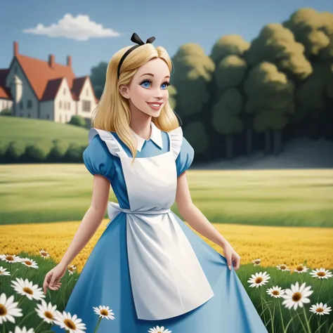 (AliceWonderlandWaifu:1), masterpiece, cute, smile,(blue dress:1.2), white apron, castle background, grassy fields, flowers, medium closeup, walking, realistic, detailed, collar, cinematic lighting, blonde hair,<lora:aliceInWonderlandBy_v10:0.7>