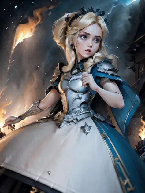 (masterpiece:1.2) (illustration:1.1) (best quality:1.2) (detailed) (intricate) (8k) (HDR) (wallpaper) (cinematic lighting) (sharp focus), medieval (Battle_Stance:1.2), Blue Armor, AliceWonderlandWaifu, angry, gritting teeth, battle damage, Wearing War_Glam (Armor_dress:1.2), dress, wielding, blue bastard sword, fighting pose, angry look, single cut on temple, light bleed, Metal thighhighs, (full-body-shot:1), 85mm, flame particles in background, Foreground, (highly detailed:1), sfw, (detailed village on fire background),(dynamic angle:1.2), (dynamic fight pose:1.2), (Line of action:1.2), wide shot, <lora:aliceInWonderlandBy_v10:0.7>, <lora:warriorPrincesses_v10:1.2>