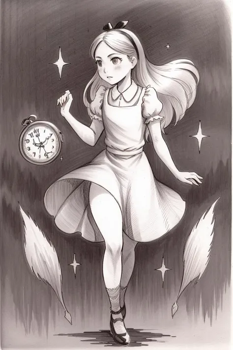 sketch, monochrome, traditional media, pencil drawing, 1girl, runs in time, clock background, full body, AliceWonderlandWaifu, dress
<lora:Aliceinwonderland_character:0.7>
