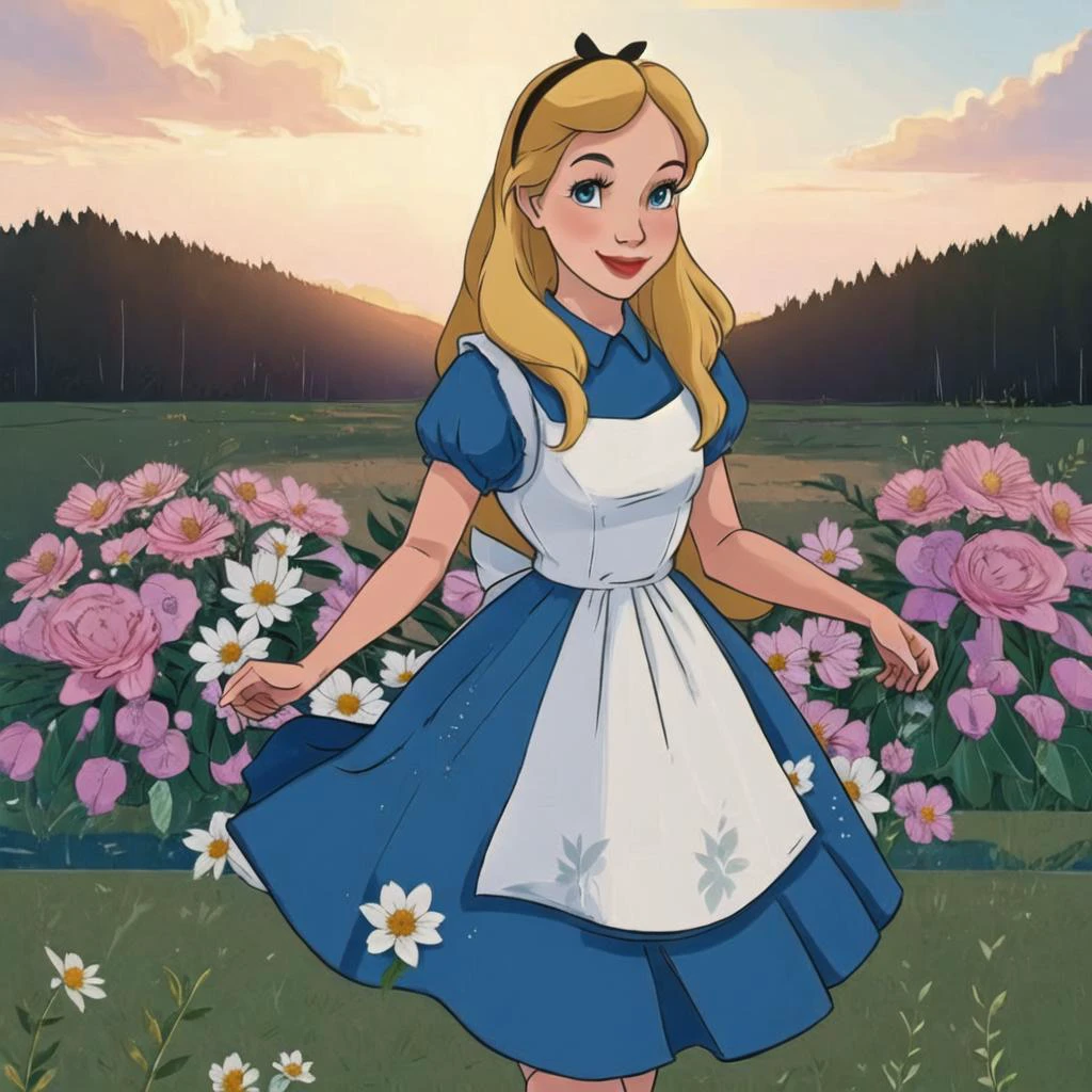 (AliceWonderlandWaifu:1), masterpiece, cute, smile,(dress:1.2), castle background, grassy fields, flowers, closeup, walking, realistic, detailed, cinematic lighting, blonde hair,<lora:aliceInWonderlandBy_v10:0.7>