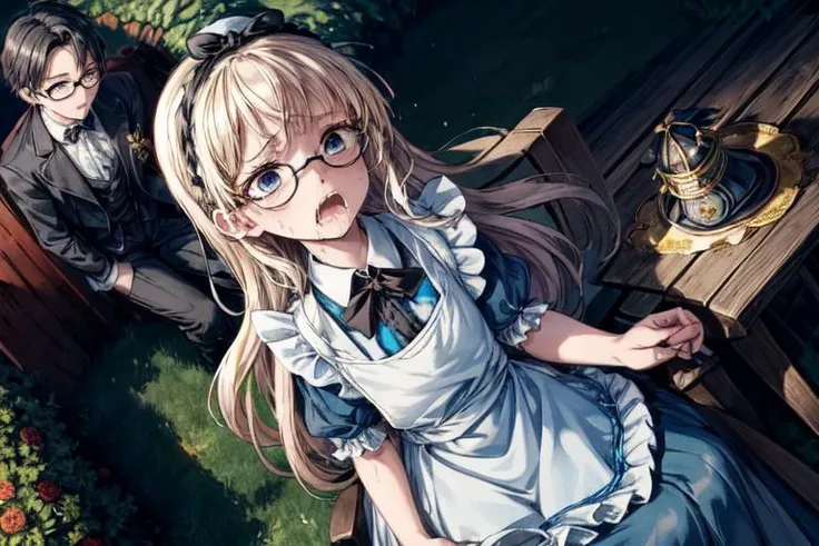 (masterpiece), (best quality), ultra high res, highly detailed, illustration, (1girl_and_1boy), (full body:1.2), 
(1girl with ((blond hair), (long hair), (blue eyes), ([scary|despair]:1.4), tears, sweat, trembling, heavy breathing, steaming body,saliva, absurdres, frilly dress, blue dress with white apron, black headpiece with bow, blue eyes, light blue Victorian-style dress,short puffed sleeves and a white pinafore apron layered over the skirt, skirt flare, black ribbon tied into a bow)), 
(1boy is Hatmaker (wearing glasses, (1boy black hair), (1boy short hair:1.2), (1boy black eyes), (wearing a Luxurious black suit), (wearing black Hat), sitting on the chair):1.2), 
(sitting on the chair at (a tea party in garden)), (Luxurious tea party), (Colorful sweets on an elegant tea party table), (Elegant tea party long table and chairs in white and gold), (in garden), (outdoor), detailed background, sunlight,
(8k, best quality, masterpiece:1.2), masterpiece, hyper detailed, best quality, ultra high res, high resolution, (intricate details), AliceWonderlandWaifu <lora:Aliceinwonderland_character-20:0.4>, <lora:add_detail:1>