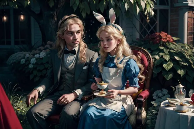 1girl and (1boy, Hatmaker man wearing a suit sitting on the chair:1.2) and (A human-sized rabbit wearing a red suit sitting on the chair:1.2), (full body:1.2), (blond hair), (long hair), (blue eyes), ([scary|despair]:1.2), absurdres, frilly dress, blue dress with white apron, black headpiece with bow, blue eyes, light blue Victorian-style dress,short puffed sleeves and a white pinafore apron layered over the skirt, skirt flare, black ribbon tied into a bow, 
((sitting on the chair at (a tea party in garden) with (A human-sized rabbit wearing a red suit sitting on the chair:1.2) and (Hatmaker man wearing a suit sitting on the chair:1.2)):1.2), (Luxurious tea party), (Colorful sweets on an elegant tea party table), (Elegant tea party long table and chairs in white and gold), (in garden), (outdoor), 
soft, lightweight fabric, (8k, RAW photo, best quality, masterpiece:1.2), photon mapping, radiosity, 35 mm focal length ,particles, accent lighting, ambient oclusion, film grain, depth of field, ravishing, ,beautiful lighting , high detailed, 8k, vivid contrasting colors, chromatic aberration, ,vibrant digital illustration, , behance hd, best quality, (realistic:1.2), (high contrast:1.2), shallow depth of field, bloom, Volumetric Lighting, accent lighting, extremely detailed CG 8k illustrations, masterpiece, hyper detailed, best quality, ultra high res, high resolution, (intricate details), AliceWonderlandWaifu <lora:Aliceinwonderland_character-20:0.4>, <lora:add_detail:0.4>, <lora:LowRA:0.3>
