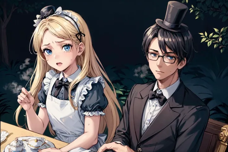 (masterpiece), (best quality), ultra high res, highly detailed, illustration, (2boy and girl), (full body:1.2),
((1boy (wearing glasses, (1boy black hair), (1boy short hair:1.2), (1boy black eyes), (1boy wearing a Luxurious butler uniform), (1boy wearing (black top hat:1.1)), (1boy sitting on black chair)):1.2)),
((1girl with ((blond hair), (long hair), (blue eyes), ([scary|despair]:1.2), tears, sweat, trembling, heavy breathing, steaming body, absurdres, frilly dress, blue dress with white apron, black headpiece with bow, blue eyes, light blue Victorian-style dress, short puffed sleeves and a white pinafore apron layered over the skirt, skirt flare, black ribbon tied into a bow)), (1girl sitting on white chair)), 
(sitting on Luxurious chair at (a tea party in garden)), (Luxurious white long table and white chairs in white and gold), (Luxurious tea party), (Colorful sweets on an elegant tea party table), (in garden), (outdoor), detailed background, sunlight, 
(8k, best quality, masterpiece:1.2), masterpiece, hyper detailed, best quality, ultra high res, high resolution, (intricate details), add detail, AliceWonderlandWaifu <lora:Aliceinwonderland_character-20:0.4>, <lora:add_detail:0.6>,
(detailed (hair, face, cloth):1.2)