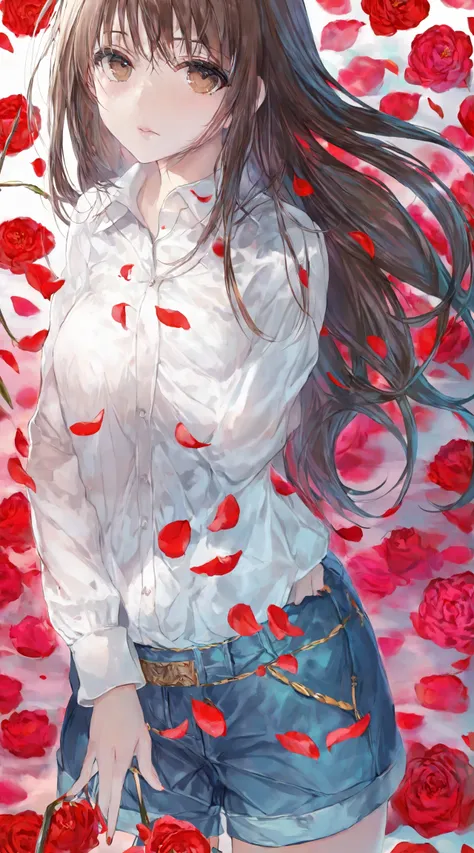 highres,detailed,best quality,masterpiece,illustration,wallpaper,1girl,ib \(ib\),parted lips,solo,white shirt,shorts,hair between eyes,long hair,looking at viewer,bouquet,brown eyes,brown hair,fingernails,nail polish,red nails,petals,red rose,rose,rose print,spider lily,thorns,rose petals,camellia,