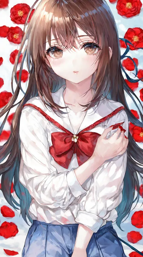 highres,detailed,best quality,masterpiece,illustration,wallpaper,1girl,ib \(ib\),parted lips,solo,white shirt,shorts,hair between eyes,long hair,looking at viewer,bouquet,brown eyes,brown hair,fingernails,nail polish,red nails,petals,red rose,rose,rose print,spider lily,thorns,rose petals,camellia,