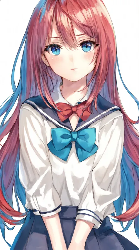 highres,detailed,best quality,1girl,solo,eyebrows visible through hair,bright pupils,hair between eyes,long hair,multicolored hair,serafuku,bowtie,blue sailor collar,blue skirt,red bow,long sleeves,looking at viewer,parted lips,red bowtie,sailor collar,simple background,