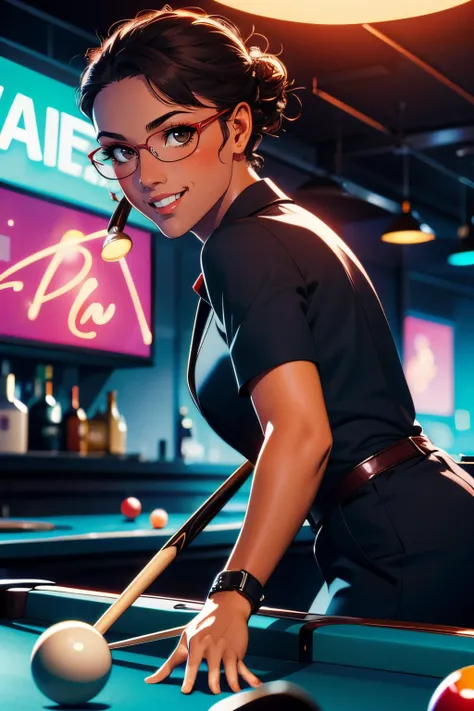 Ingrid, curly black hair, hair bun, brown eyes, red glasses,black suit, rolled sleeves, slacks, looking at viewer, smiling, blush, medium shot, holding cue stick, inside bar, dark, neon lighting, high quality, masterpiece, <lora:IngridHunnigan-10RE4R:.8> <lora:girllikepoolball_v20:.8>