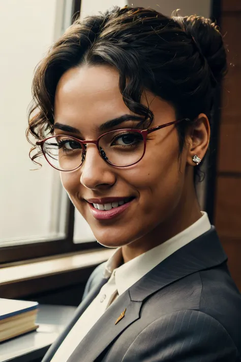 Ingrid, curly black hair, hair bun, brown eyes, red glasses,black suit,looking at viewer, smiling, close up, inside, office,  high quality, masterpiece, <lora:IngridHunnigan-10RE4R:.8>