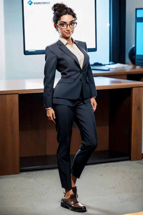 Ingrid, curly black hair, hair bun, brown eyes, red glasses,black suit, slacks, shoes, looking at viewer, smiling, full body shot, standing, inside, office, desk, computer monitor, high quality, masterpiece, <lora:IngridHunnigan-10RE4R:.8>