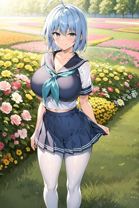 ((masterpiece)),((best quality)),ultra-detailed,illustratio,Explicit,nsfw,Beautiful body,Beautiful Nose,Beautiful character design,perfect eyes,perfect face,wallpaper,ultra highres,
4K,photography,(Beautiful, large breasts:1.5),(beautiful face:1.2),(beautiful legs, perfect legs),full body,shiny skin,anime screencap,official style
Aoi,breasts,1girl,breasts,short hair,aqua eyes,blue hair,white hair,pantyhose, solo, skirt, school uniform, breasts, serafuku, pleated skirt, looking at viewer, smile, short sleeves, standing, full body, sailor collar, ahoge, own hands together, no shoes, blush, shirt, medium hair, neckerchief, closed mouth, bangs, hair between eyes, collarbone, miniskirt, short hair, hair intakes,<lora:Aoi:0.7>,outdoor,field,Flowers and plants,nsfw,
