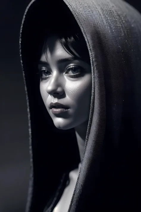 best quality, masterpiece, (realistic:1.2), 1 girl, 18 years old, solo, female, extremely beautiful, long veil, wavy hair, detailed skin, detailed, detailed face, short hair, black demi bra, shy, (blue_eyes:1.4), ((black backdrop)), Close up, eyes focus, black theme , (b&w, Monochromatic, Film Photography:1.3), Photorealistic, Hyperrealistic, Hyperdetailed, film noir, analog style, demure, low cut, soft lighting, subsurface scattering, realistic, heavy shadow, film photography, soft focus <lora:LowRA:0.8>