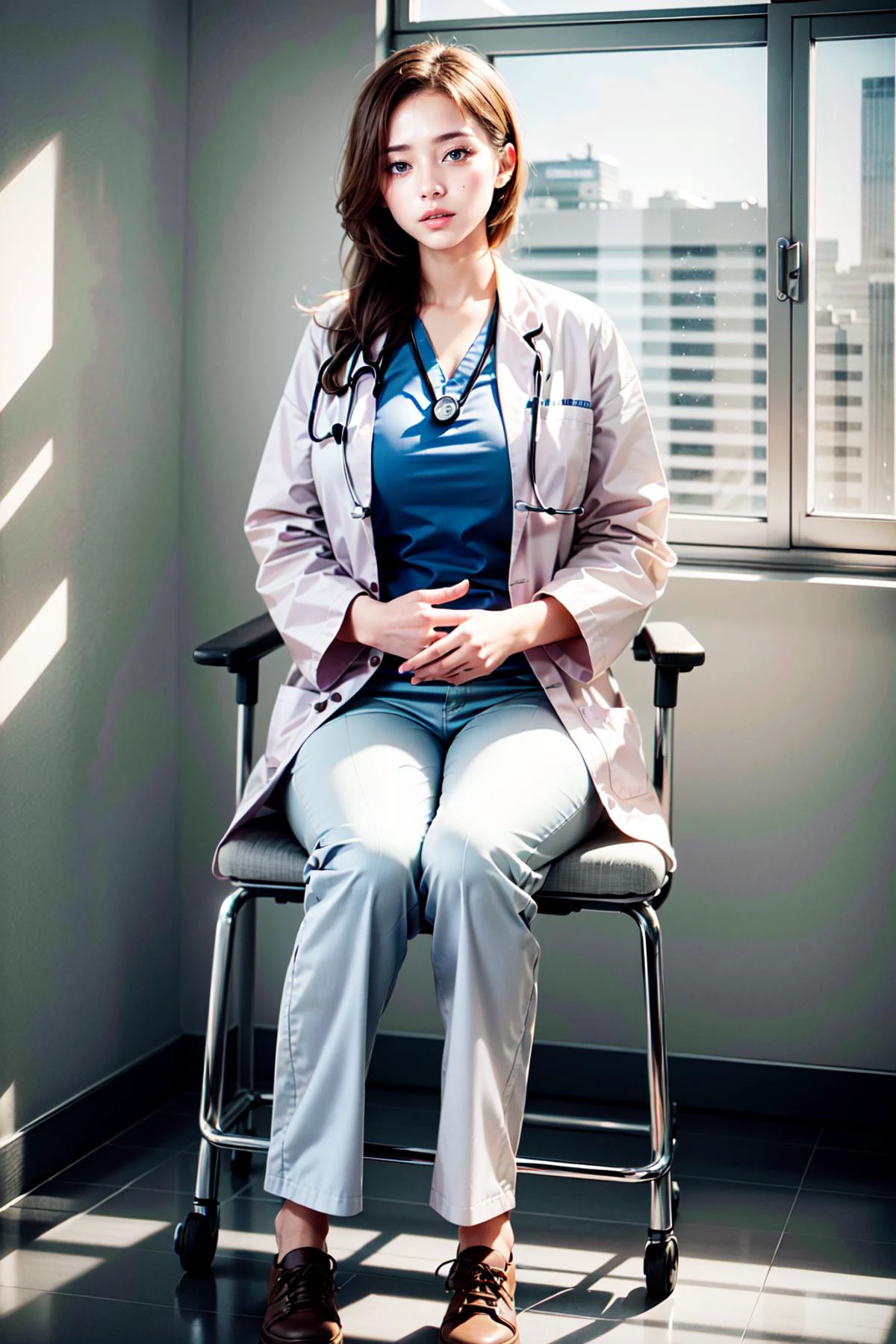 <lora:Doctor Uniform V2:0.78>, (doctor_uniform, labcoat, stethoscope, doctor,scrub top,scrub trousers):1.24,
BREAK 1woman, ((young woman)), adorable, clear face, solo, (((full body))):1.34, ((curvy body, slender, multicolor blonde hairs)):1.2,
BREAK soft light, light on face, cinematic lighting, detailed(shadow),
BREAK <lora:add_detail:0.45>, extremely detailed, CG, finely detailed, (masterpiece, best quality):2.0, ((photorealistic:1.15)),
BREAK <lora:uber_saggy2:0.68>, saggy, sagging_breasts, ((gigantic breasts)), <lora:Front face lighting åé¢ã©ã¤ãã¢ãã v2:0.5>,
((detailed patient examination room, hospital, indoors, medical equipment, a woman sit on a chair)):1.1,