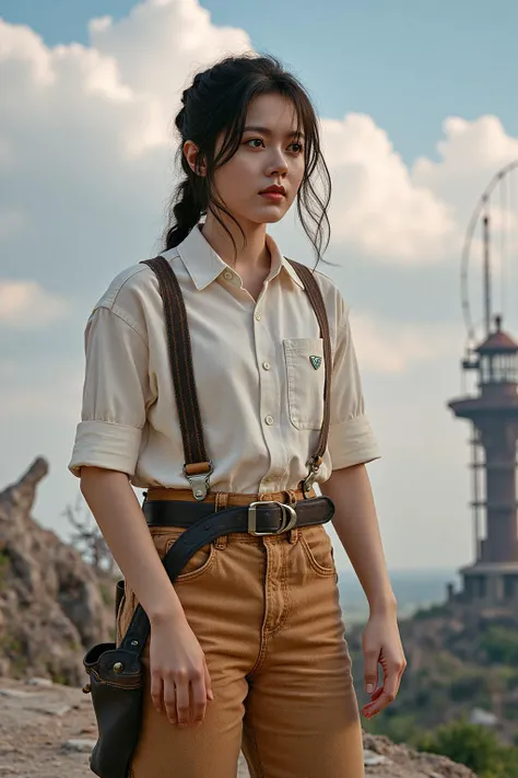 photo of a beautiful woman,
(In a classic, adventure-ready outfit of worn trousers and a simple shirt with suspenders, adorned with a flying belt and practical accessories, for a daring and nostalgic look), (Amidst the breathtaking skies and floating ruins of the mystical Laputa, where the vibrant clouds and ancient machinery create an atmosphere of wonder and epic discovery:1.3), (adventurous:1.3), (vivid skies, intricate details, dramatic lighting, whimsical:1.3),