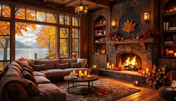 A lakeside autumn retreat enveloped by the brilliant reds, oranges, and yellows of the fall season, with a cozy living room overlooking the calm waters through floor-to-ceiling glass windows. The space is filled with warmth and rustic charm, enhanced by the rich, earthy tones of the wooden walls and furniture. A large stone fireplace dominates one side of the room, its flames flickering gently, casting a golden glow across the scene. Stacked logs beside the hearth speak to the cabin's self-sufficient charm. A plush, oversized couch with deep cushions, draped in thick blankets, is positioned to face the fireplace, inviting you to curl up and escape into the warmth. The soft orange light of autumn reflects off the lake outside, while the trees surrounding the cabin are alight with vibrant fall colors. The room is accented by rustic bookshelves filled with novels, old and new, and a well-loved rug that covers the wooden floor. Outside, the crisp autumn air and rustling leaves invite quiet contemplation or a peaceful stroll along the lakeside. The style is warm and welcoming, with an emphasis on the rich textures of wood, wool, and natural elements that blend seamlessly with the beauty of the outdoors. The overall mood is one of intimate comfort, connection to nature, and serene escape, captured in hyper-realistic detail.