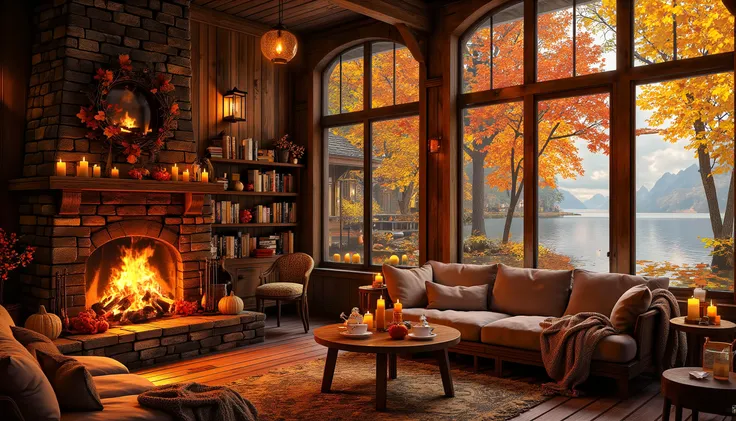 A lakeside autumn retreat enveloped by the brilliant reds, oranges, and yellows of the fall season, with a cozy living room overlooking the calm waters through floor-to-ceiling glass windows. The space is filled with warmth and rustic charm, enhanced by the rich, earthy tones of the wooden walls and furniture. A large stone fireplace dominates one side of the room, its flames flickering gently, casting a golden glow across the scene. Stacked logs beside the hearth speak to the cabin's self-sufficient charm. A plush, oversized couch with deep cushions, draped in thick blankets, is positioned to face the fireplace, inviting you to curl up and escape into the warmth. The soft orange light of autumn reflects off the lake outside, while the trees surrounding the cabin are alight with vibrant fall colors. The room is accented by rustic bookshelves filled with novels, old and new, and a well-loved rug that covers the wooden floor. Outside, the crisp autumn air and rustling leaves invite quiet contemplation or a peaceful stroll along the lakeside. The style is warm and welcoming, with an emphasis on the rich textures of wood, wool, and natural elements that blend seamlessly with the beauty of the outdoors. The overall mood is one of intimate comfort, connection to nature, and serene escape, captured in hyper-realistic detail.