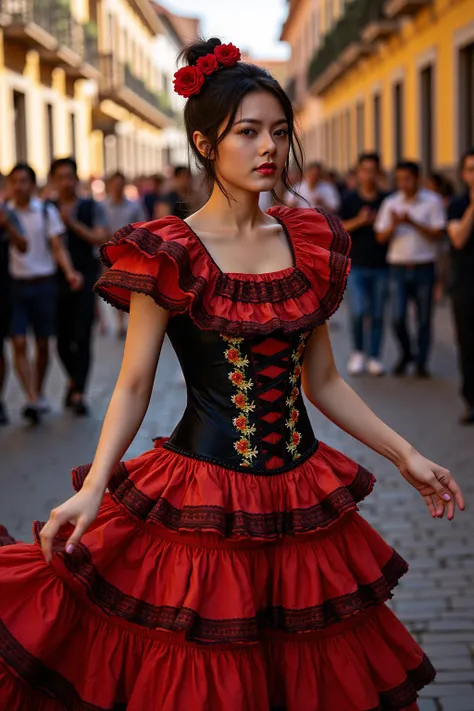 photo of a beautiful woman,
(In a traditional Flamenco dress of deep red and black, adorned with ruffled layers and intricate lace, for a passionate and dramatic look), (Amidst the vibrant, sunlit streets of a Spanish village, where the lively music and rhythmic clapping create an atmosphere of cultural richness and fiery spirit:1.3), (passionate:1.3), (rich colors, dynamic motion, detailed textures, vibrant:1.3),