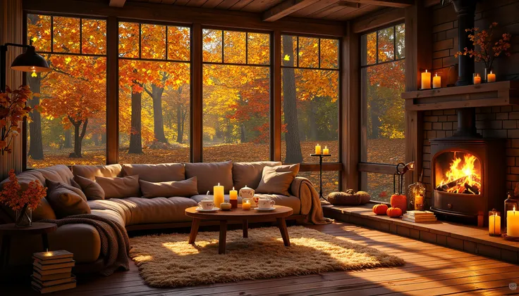 A tranquil, rustic cabin living room surrounded by the vibrant hues of autumn. The space is dominated by a large glass wall, offering an expansive view of the serene forest, where the trees glow with shades of orange, red, and gold. The setting sun casts long shadows across the wooden floor, amplifying the warmth of the scene. Inside, a plush, deep-cushioned couch draped in soft blankets and pillows sits invitingly against the glass, the perfect place to relax. At the center, a thick, cream-colored shag rug spreads in front of a wood-burning stove. The fire crackles softly, its light dancing on the walls, casting a golden hue that fills the room. 2 Candle glow gently on the windowsill, adding to the soft, intimate atmosphere. Stacks of books lie on the floor next to the couch, and a steaming cup of tea rests on the rustic coffee table. The room exudes a calm, serene energy, as if time slows to a gentle pace within this autumn retreat. The interior design is warm and earthy, with rich wooden tones, soft fabrics, and natural elements that create a comforting, inviting atmosphere. The style is hyper-realistic, focusing on the details of light, texture, and color to evoke a sense of warmth, relaxation, and a deep connection to nature.
