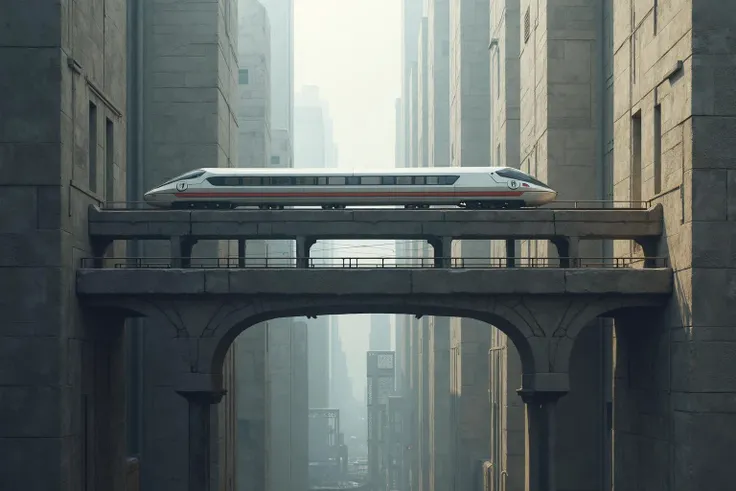A futuristic railway levitates through a massive brutalist cityscape. The tracks hover above stark concrete monoliths, appearing weightless against the rigid, angular structures beneath. Towering slabs of raw concrete, with sharp edges and exposed steel, rise on either side, creating a canyon-like atmosphere. The train glides silently over the suspended tracks, its sleek design contrasting with the heavy, imposing architecture below. This surreal levitating railway defies the harshness of the brutalist environment, blending modern engineering with the cold, raw beauty of concrete.