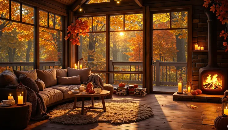 A tranquil, rustic cabin living room surrounded by the vibrant hues of autumn. The space is dominated by a large glass wall, offering an expansive view of the serene forest, where the trees glow with shades of orange, red, and gold. The setting sun casts long shadows across the wooden floor, amplifying the warmth of the scene. Inside, a plush, deep-cushioned couch draped in soft blankets and pillows sits invitingly against the glass, the perfect place to relax. At the center, a thick, cream-colored shag rug spreads in front of a wood-burning stove. The fire crackles softly, its light dancing on the walls, casting a golden hue that fills the room. 2 Candle glow gently on the windowsill, adding to the soft, intimate atmosphere. Stacks of books lie on the floor next to the couch, and a steaming cup of tea rests on the rustic coffee table. The room exudes a calm, serene energy, as if time slows to a gentle pace within this autumn retreat. The interior design is warm and earthy, with rich wooden tones, soft fabrics, and natural elements that create a comforting, inviting atmosphere. The style is hyper-realistic, focusing on the details of light, texture, and color to evoke a sense of warmth, relaxation, and a deep connection to nature.